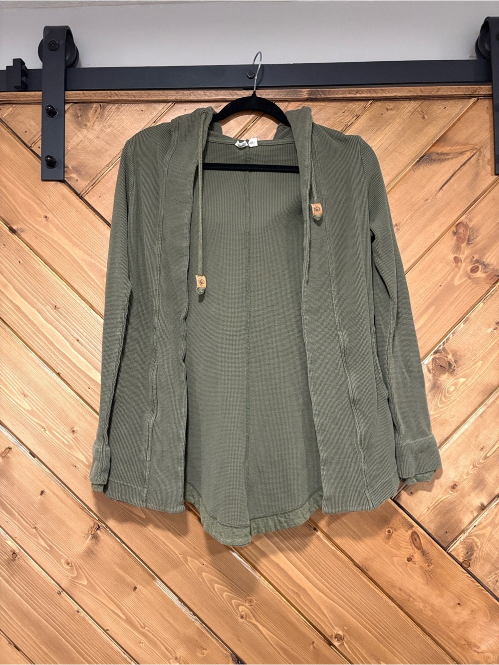 TenTree Olive Waffle Open-Front Hooded Women's Sweater Cardigan Small